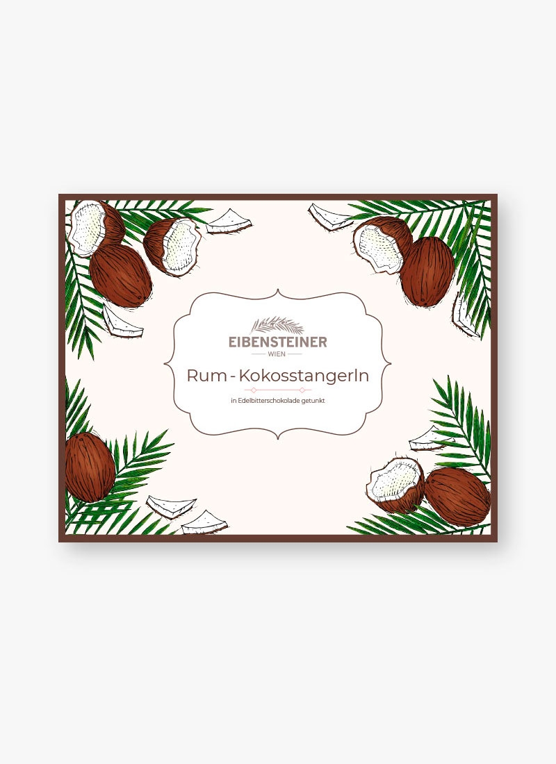 Rum - Kokosstangerln in Edelbitterschokolade Schachtel außen