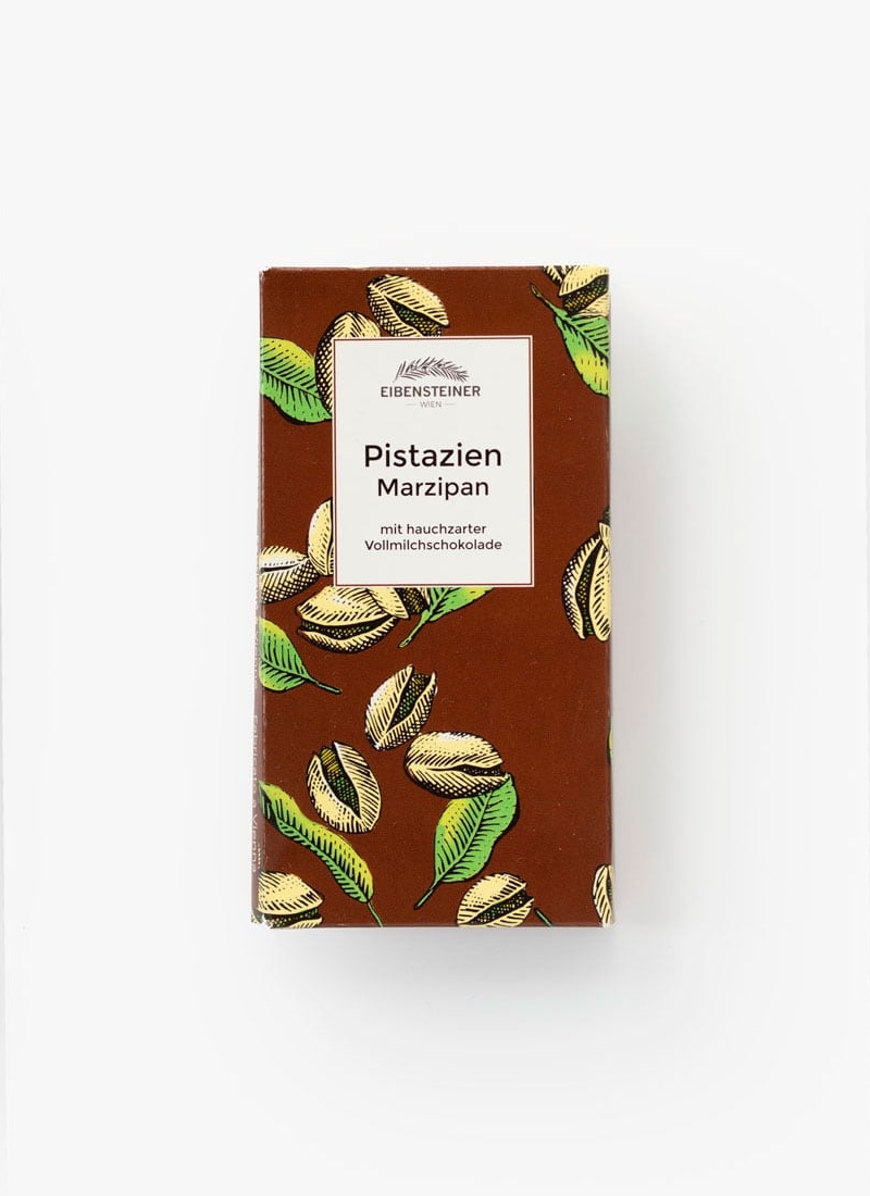 Gefüllte Schokoladetafel mit Pistazien-Marzipan- Füllung in Milchschokolade
